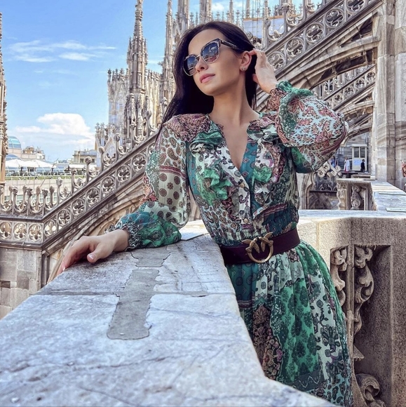 ZARA RUFFLED PATCHWORK GREEN MIDI DRESS NWT - Picture 4 of 9